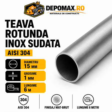 Teava rotunda inox sudata AISI 304, 15 x 1 mm, 6 metri